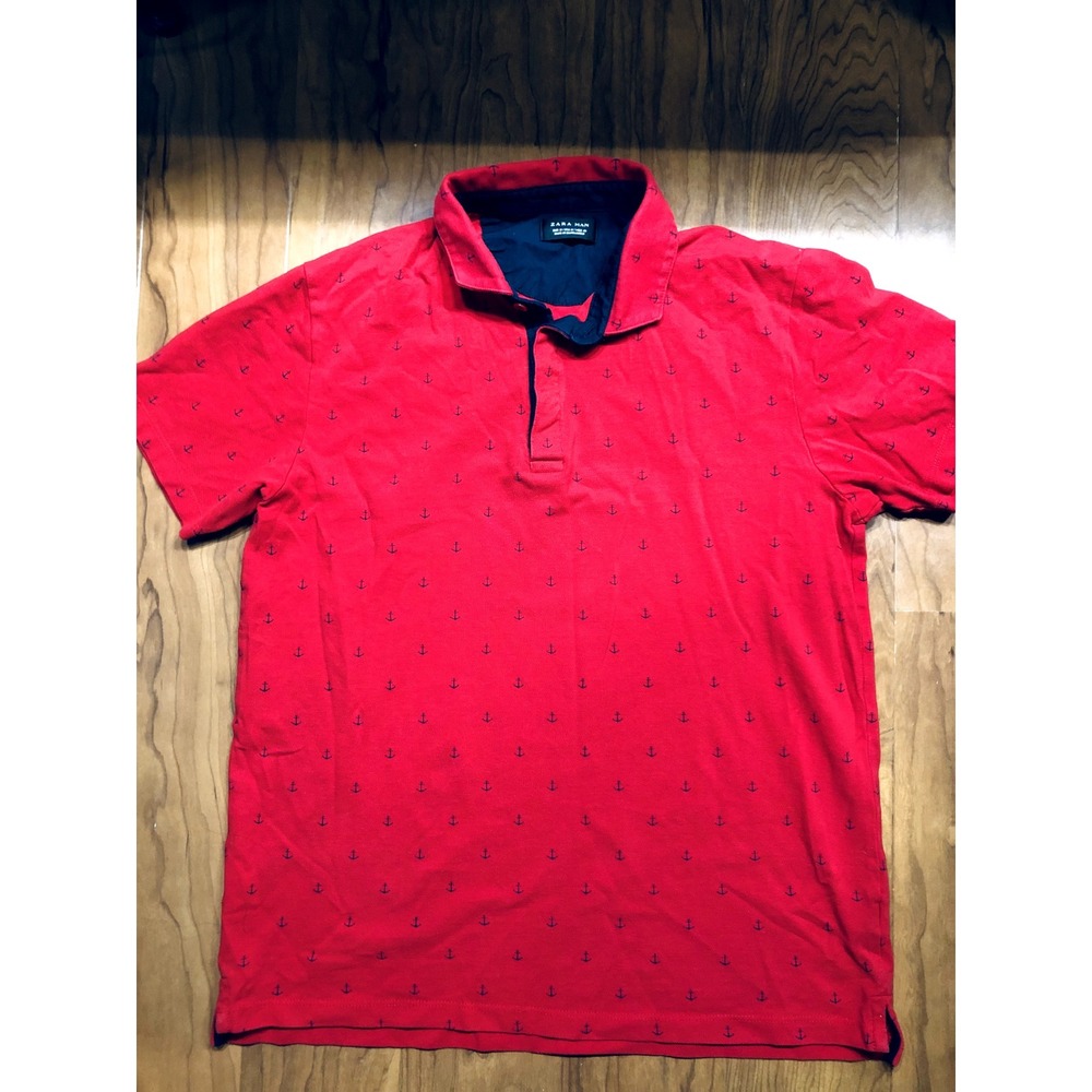 Zara Man Polo Shirt Mens Medium Red Anchor Print Short Sleeve Casual Preppy
